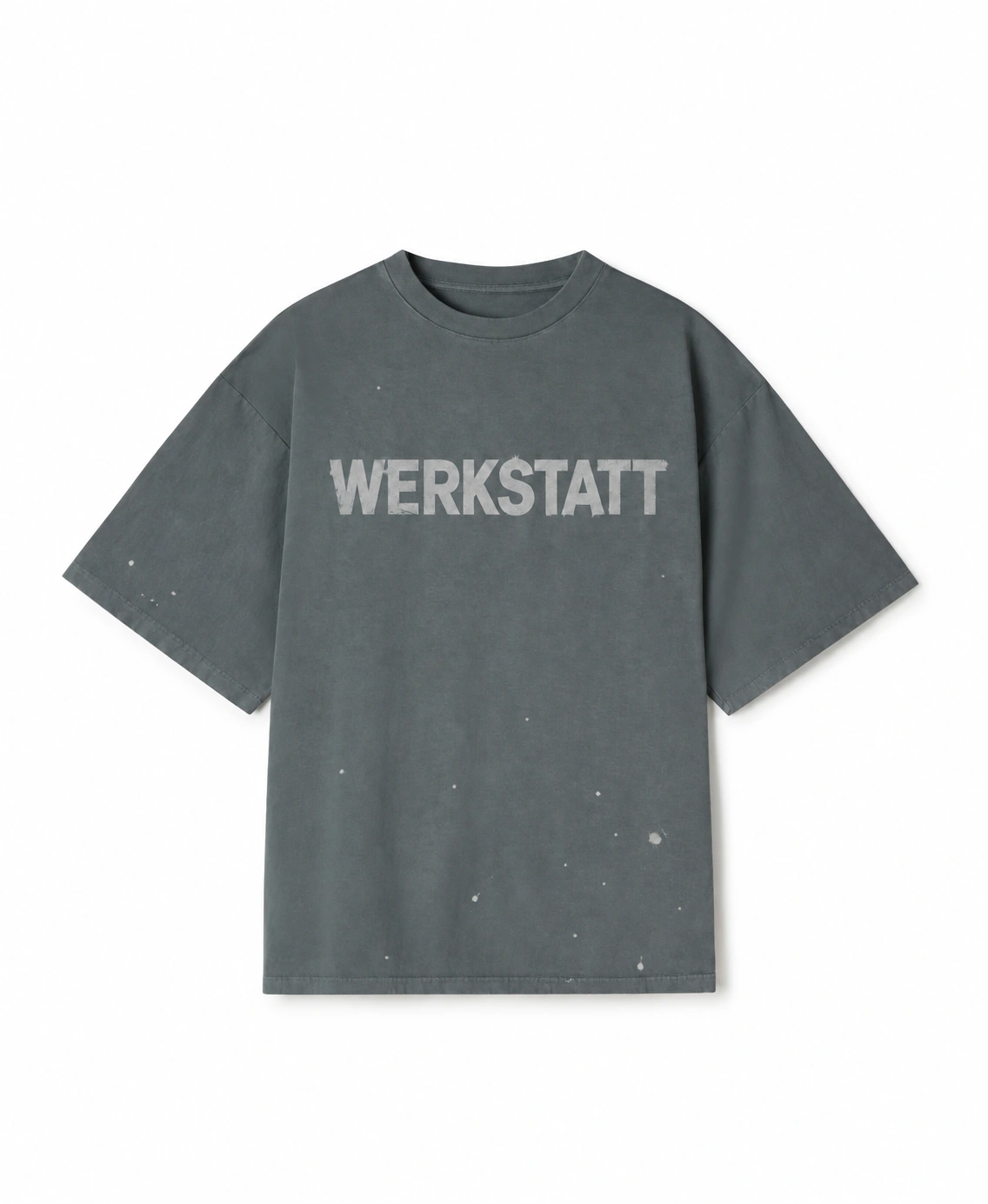 Front of the German-made WERKSTATT work shirt in faded charcoal cotton with a broken light-grey screen print and subtle studio traces